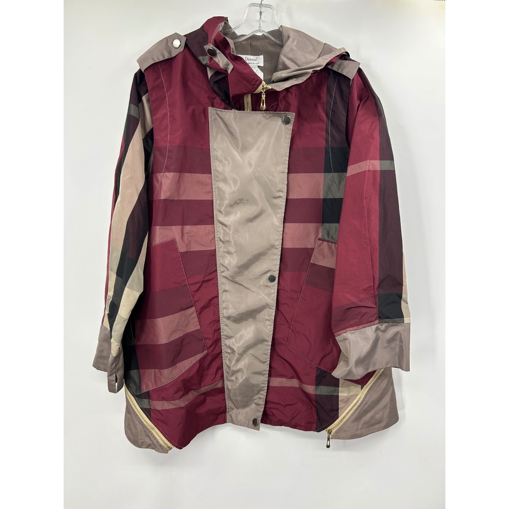 Dorman Womens Hooded Windbreaker Jacket Burgundy Plaid Zip Front Size Large
